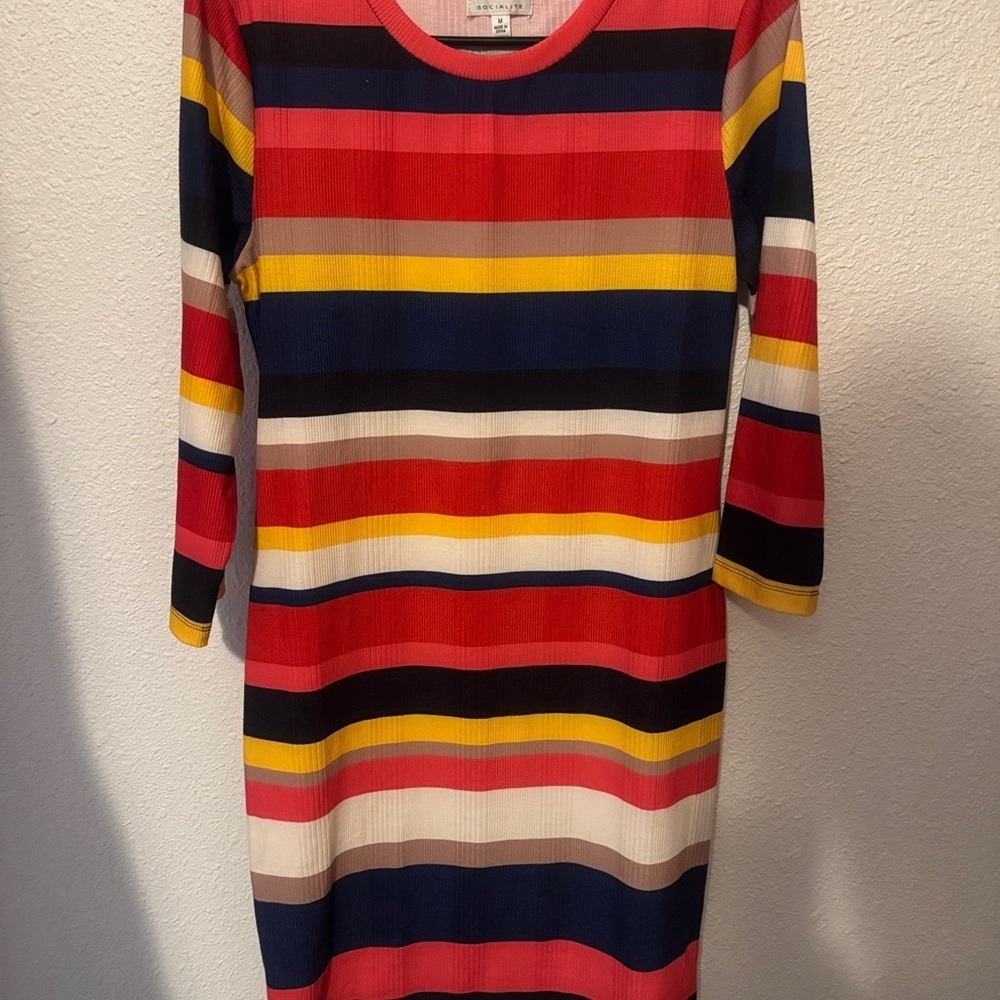 Socialite Womens Multicolor Striped Ribbed‎ Knit 3/4 Sleeve Bodycon Dress Size M